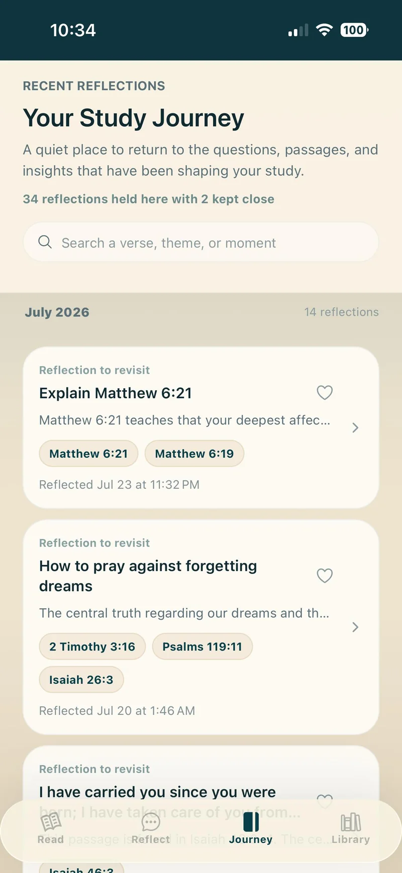 The Journey screen in Bible Explained Study: a searchable, month-by-month record of reflections, each with its Scripture references and the option to keep it close.