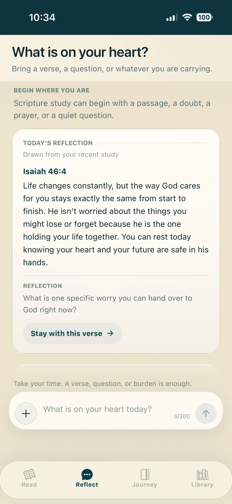 The Reflect screen in Bible Explained Study asking “What is on your heart?”, with today's reflection on Isaiah 46:4, a reflection question, and a field to bring a verse or question.