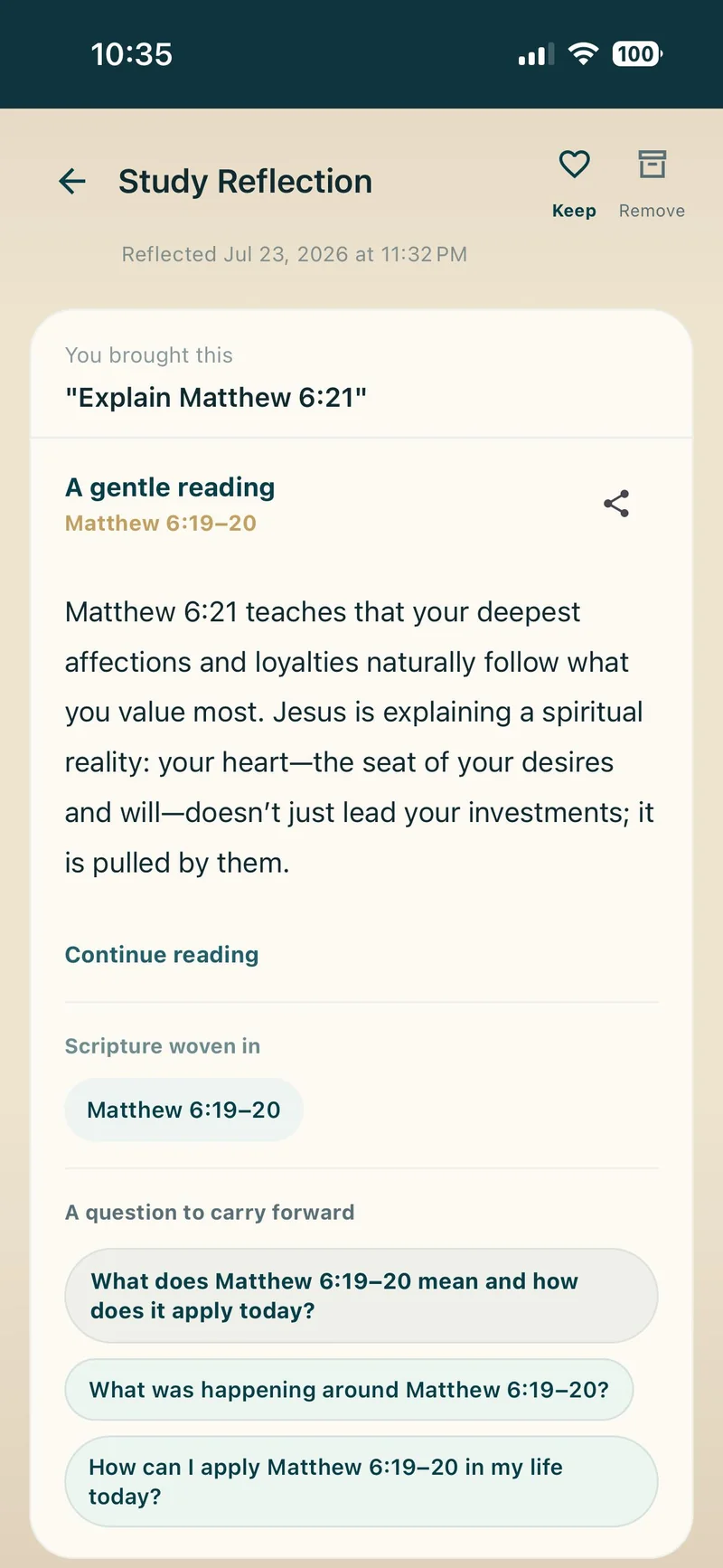 A Study Reflection in Bible Explained Study showing what you brought, a gentle reading grounded in Matthew 6:19–20, the Scripture woven in, and questions to carry forward.